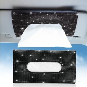 Black Leather Crystal Car Sun Visor Tissue Box Towel Napkin Holder